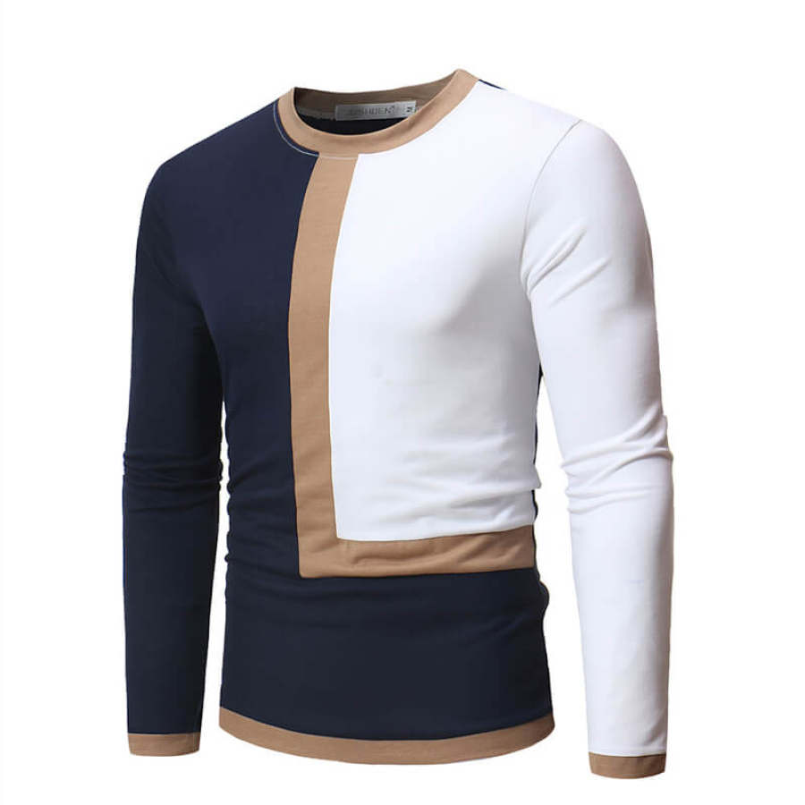 

Two-color L-shaped stitching fashion round neck pullover men's long-sleeved T-shirt