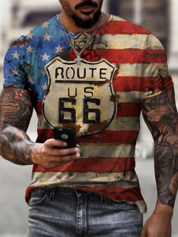 Mens Crew Neck Route 66 Flag Short Sleeve Tops T-shirts - Plazabery.chimpone.com 