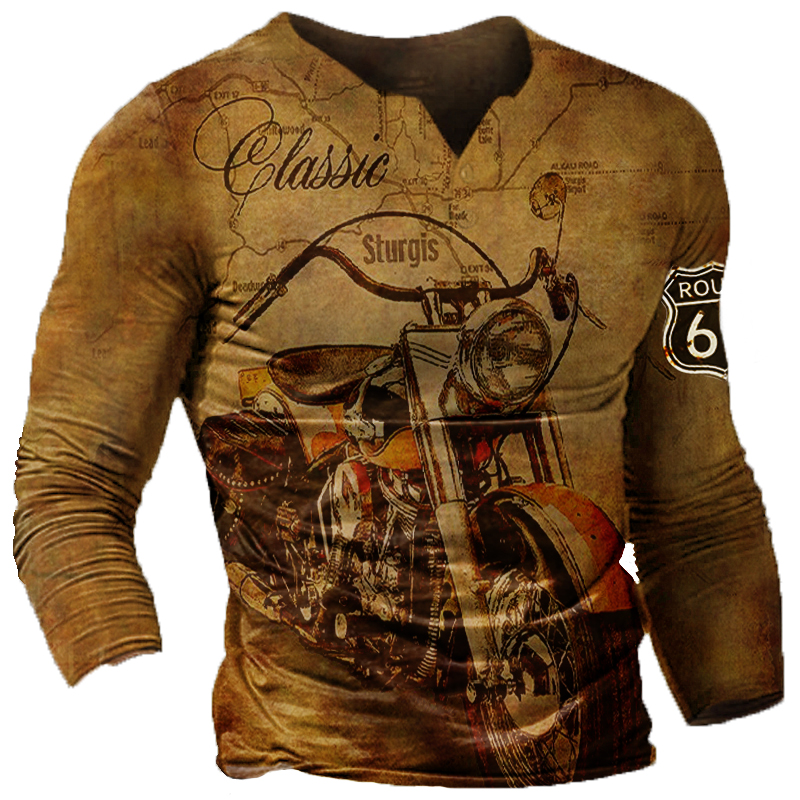 Mens Vintage Retro 66 Chic Motorcycle Long Sleeve V Neck T-shirts