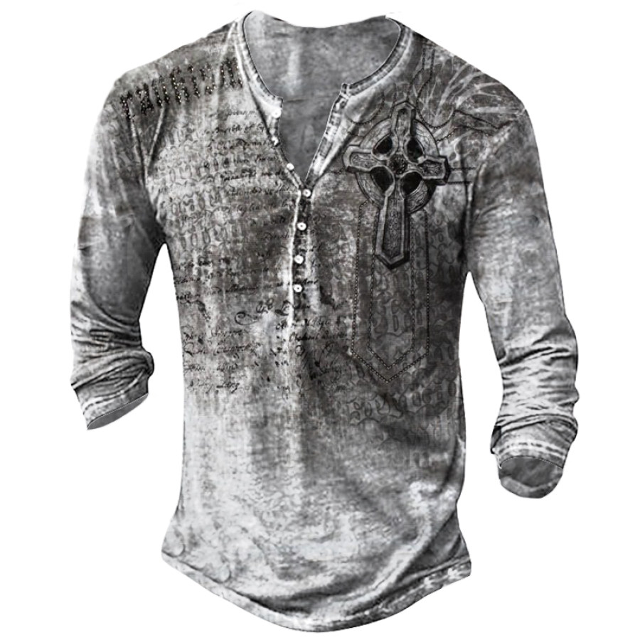 Mens Fashion Printed Long Sleeve V Neck Henley T-Shirt