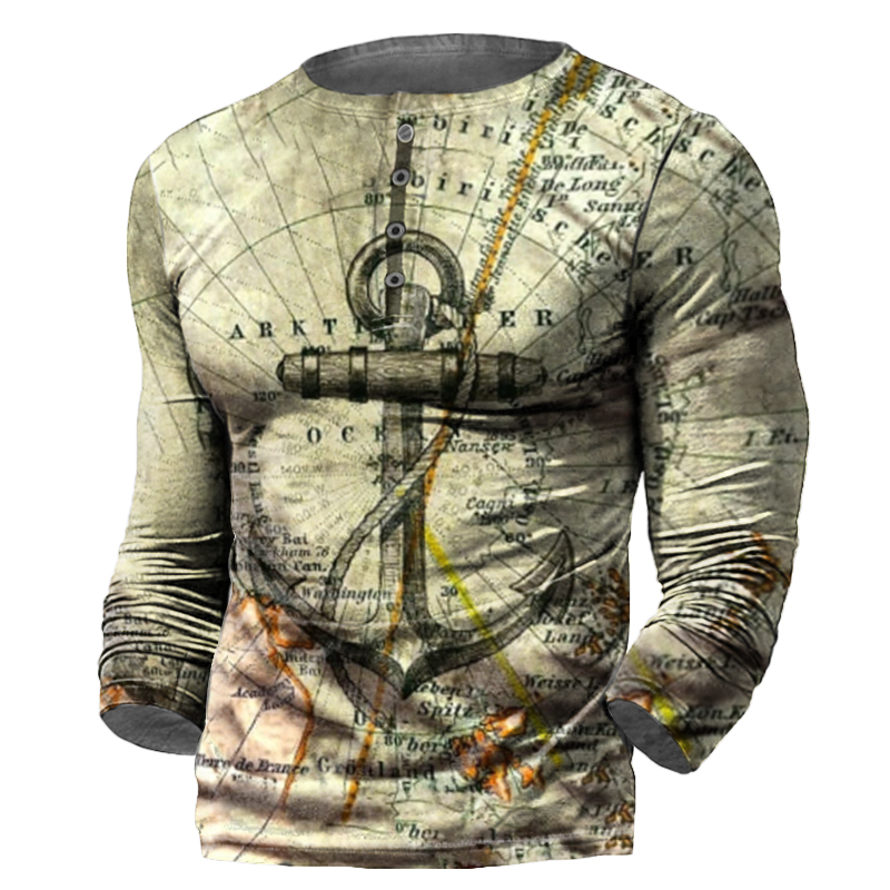 Men's Outdoor Nautical Print Chic Long-sleeved Henry Shirt