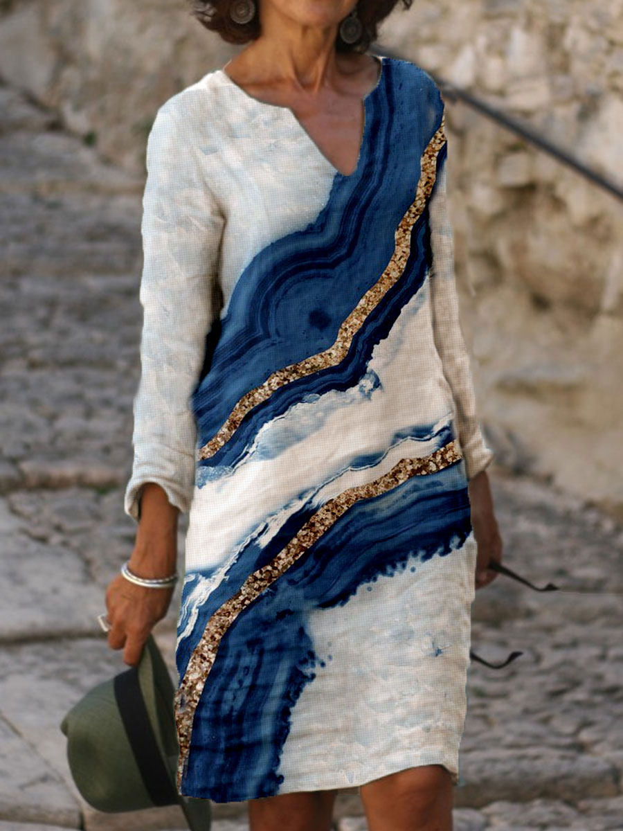 Colorblock Printed Long Sleeve Casual V neck Shift Dress