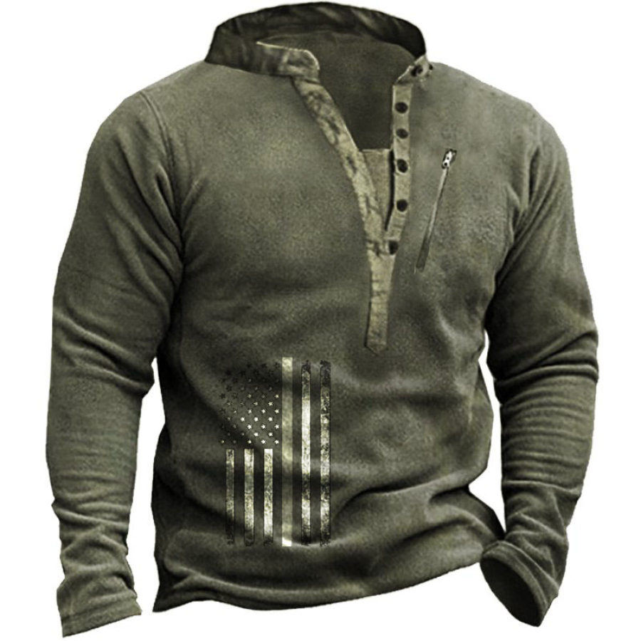 

Men's Fleece Warm Flag Print Henry Tactical Sweatshirt