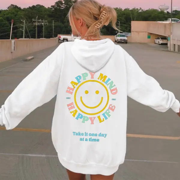 Women's Happy Mind Happy Life Take It One Day At A Time Print Casual Hoodie - Yiyistories.com 