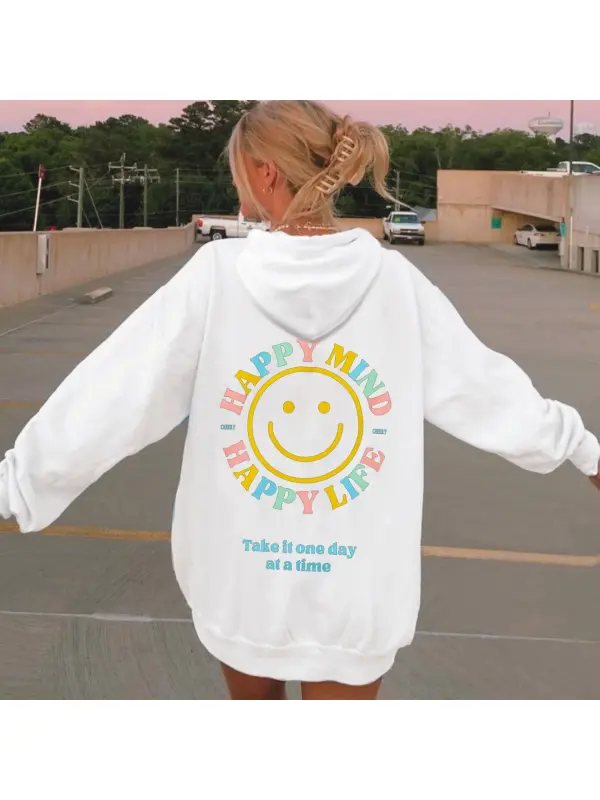 Women's Happy Mind Happy Life Take It One Day At A Time Print Casual Hoodie - Anrider.com 