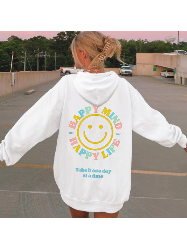 Women's Happy Mind Happy Life Take It One Day At A Time Print Casual Hoodie