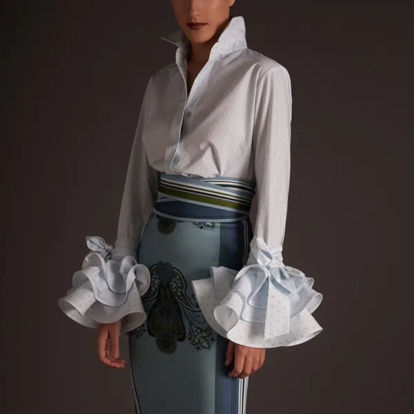 Retro Polka Dot Long Ruffled Bow Bell Sleeves Shirt - Leanarea.chimpone.com 