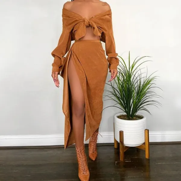 Women's Sexy V-neck Strapless High Split Turmeric Suit RY65 - Leanarea.chimpone.com 