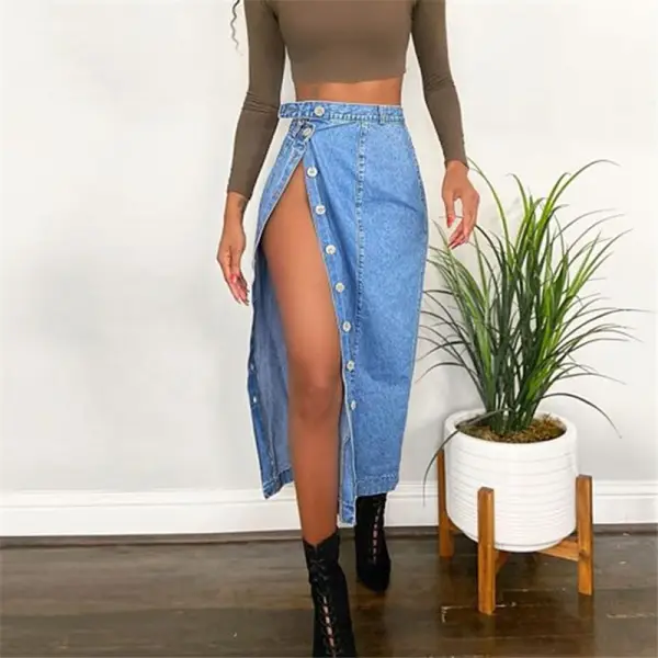 Sexy Button Split Denim Skirt - Leanarea.chimpone.com 