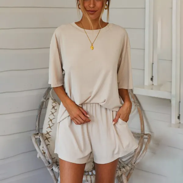 Solid color loose T-shirt + shorts two-piece suit - Leanarea.chimpone.com 