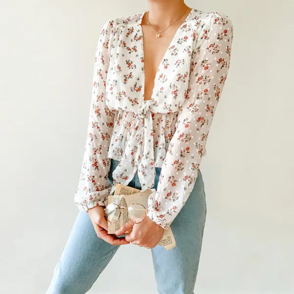 V-neck Tie Floral Print Long Sleeve Chiffon Shirt - Leanarea.chimpone.com 