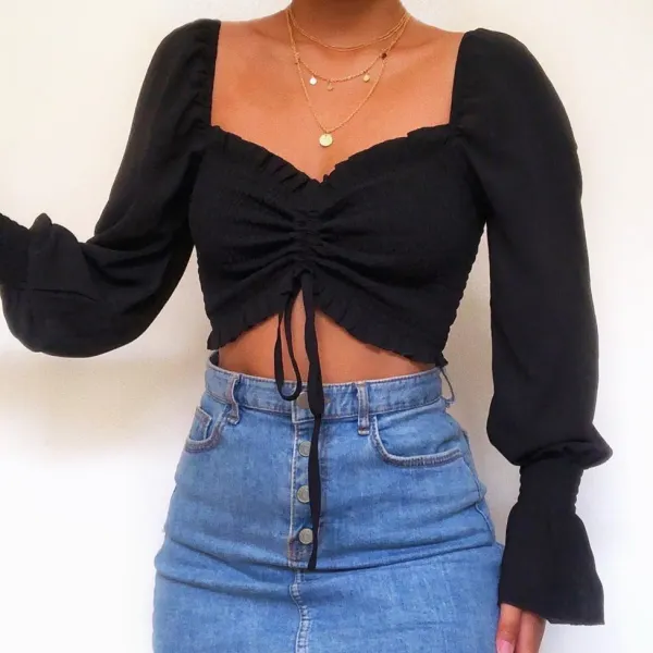Womens Summer Drawstring Lace Solid Top - Leanarea.chimpone.com 