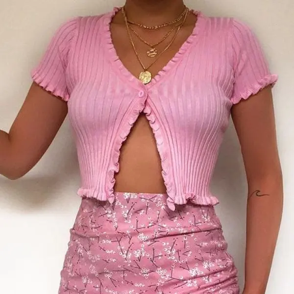 Summer V-neck short sleeve cardigan top - Leanarea.chimpone.com 