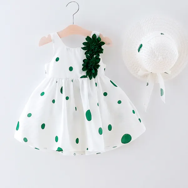 【12M-4Y】Girl's Seaside Vacation Style Polka Dot Floral Vest Dress With Hat - Popopiestyle.com 