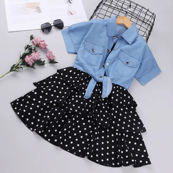 Girl Suspenders Polka Dot Cake Skirt Denim Jacket Set - Popopiestyle.com 