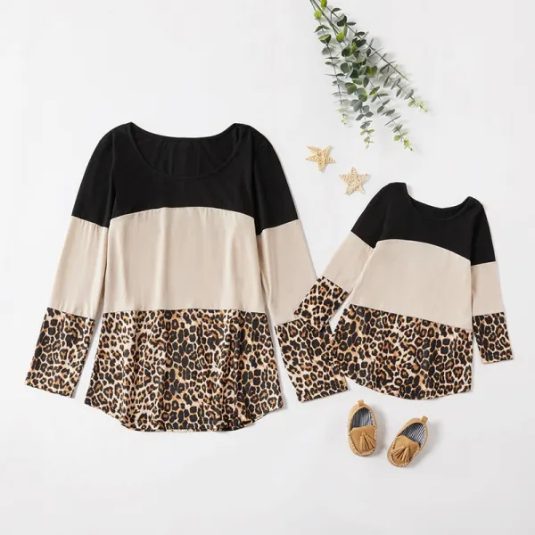 Fashion Round Neck Long-Sleeved Leopard Print Contrast T-shirt Mom Girl Matching Outfits - Popopiestyle.com 