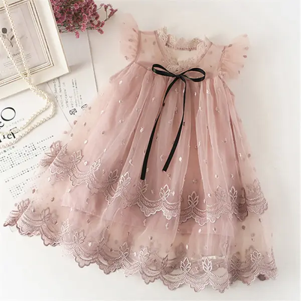 【2Y-9Y】Girl Sweet Round Neck Embroidered Mesh Pink Dress - Popopiestyle.com 