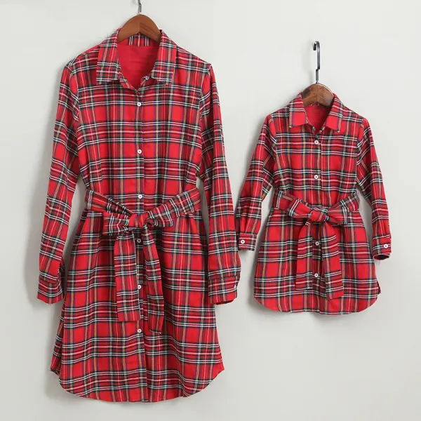 Plaid Self Tie Shirt Mom Girl Matching Dress - Popopiestyle.com 