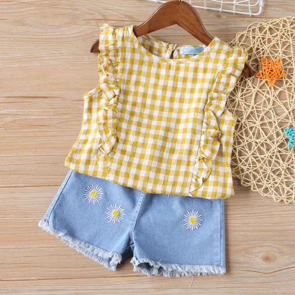 【18M-7Y】Girls Plaid Tank Denim Shorts Two Piece Set - Popopiestyle.com 