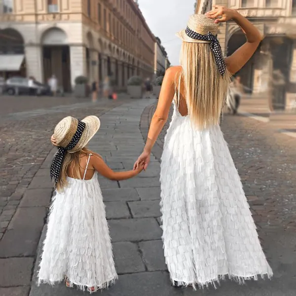 V-Neck Sling Feather Chiffon Mom Girl Matching Dress - Popopiestyle.com 