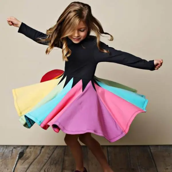 【18M-7Y】Sweet Round Neck Colorblock Print Dress - Popopiestyle.com 