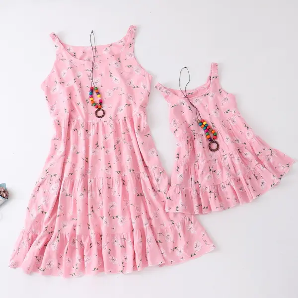 Round Neck Sleeveless Floral Mom Girl Matching Dress - Popopiestyle.com 