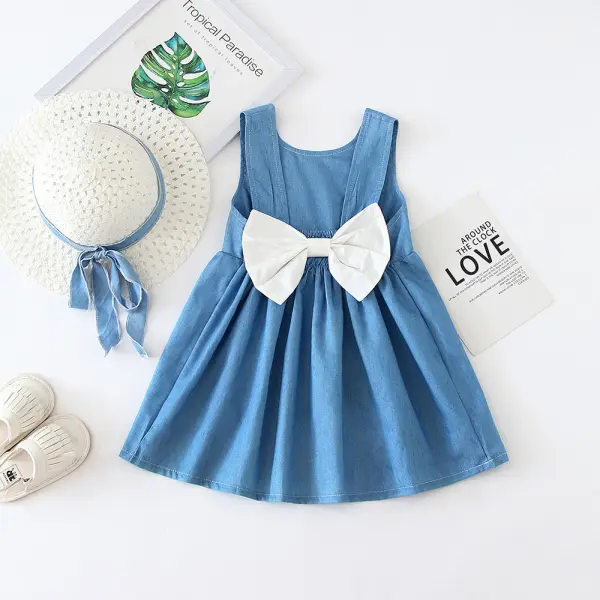 【18M-7Y】Bowknot Denim Sleeveless Dress With Hat - Popopiestyle.com 