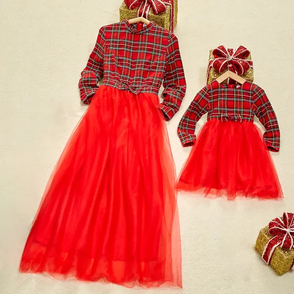 Red Plaid Mesh Stitching Mom Girl Matching Dress - Popopiestyle.com 