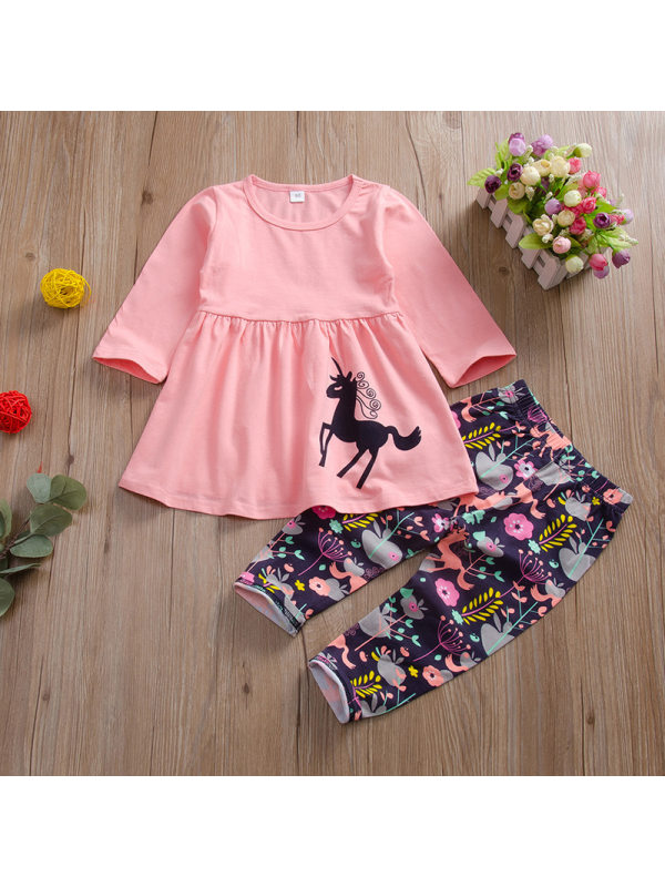 【18M-7Y】Cartoon Pink T-shirt And Printed Knitted Leggings Set