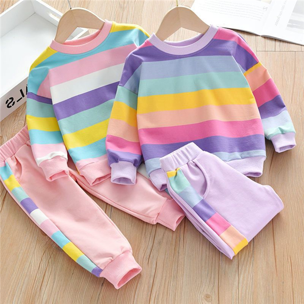 【18M-7Y】Rainbow Stripes Round Neck Chic Pullover Suit