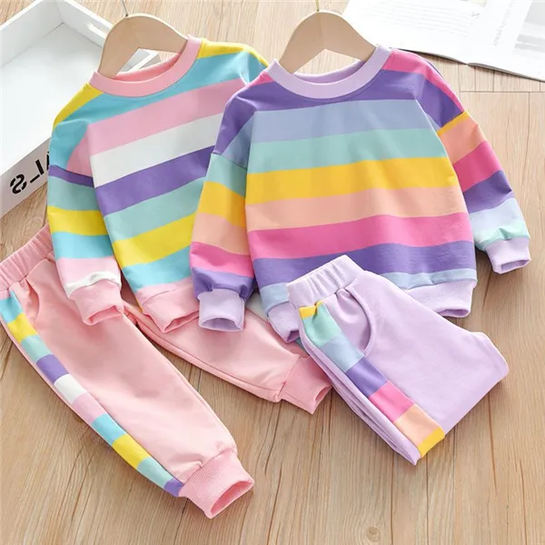 【18M-7Y】Rainbow Stripes Round Neck Pullover Casual Set - Popopiestyle.com 