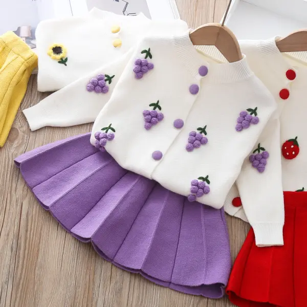 【12M-7Y】Children Clothes Girls 2-piece Cute Fruit Jacquard Lapel Sweater and Skirt Set - 3403 - Popopieshop.com 