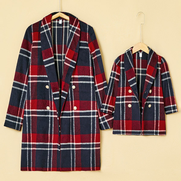 Classic Plaid Lapel Long Sleeve Mom Girl Matching Coat 