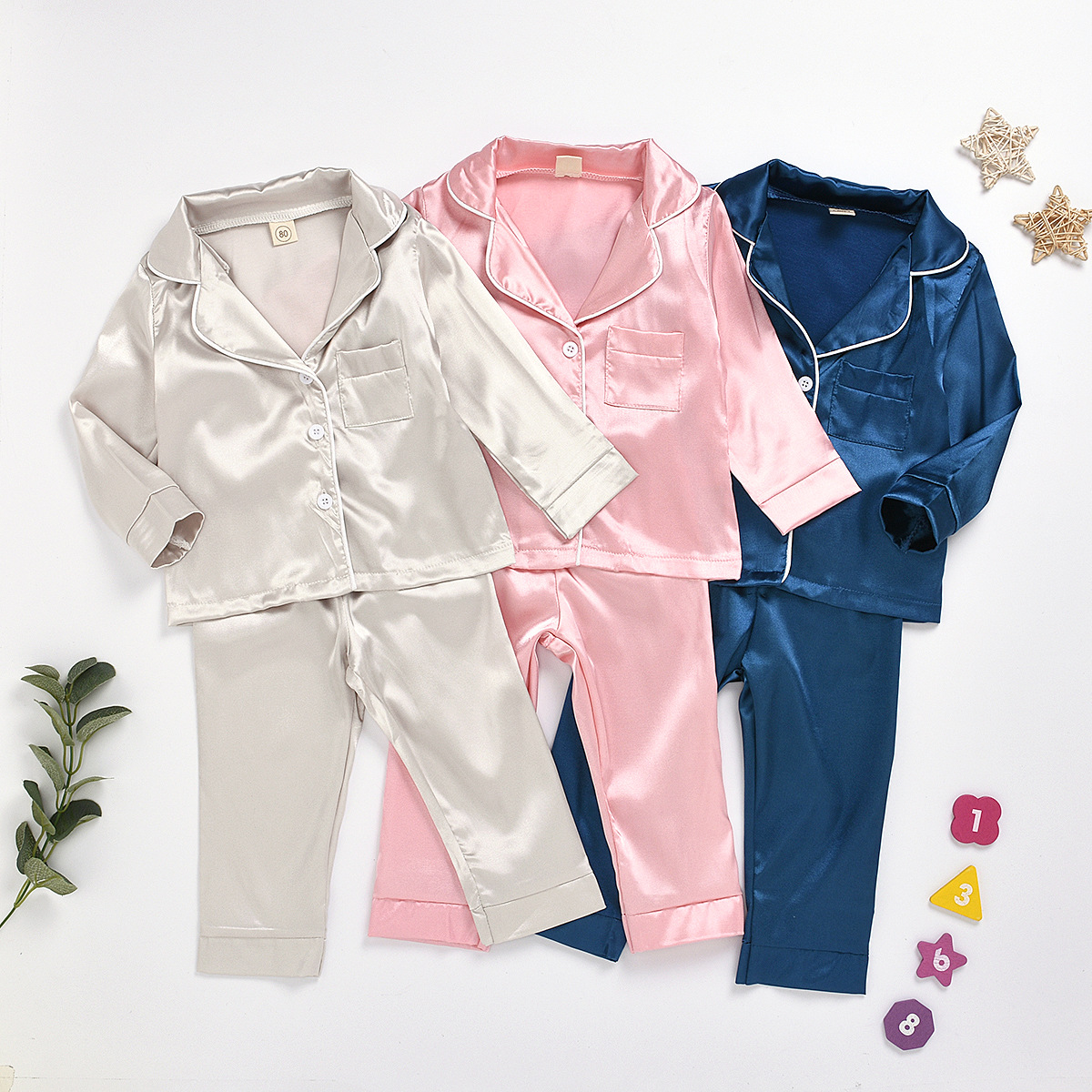 【12M-7Y】Kids Pure Cotton Satin Pajamas Set - 3481 - Popopieshop.com