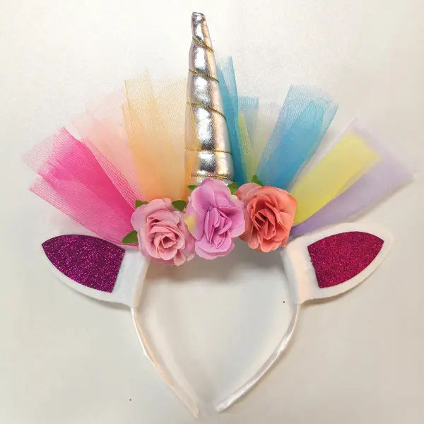 Girls Rainbow Unicorn Mesh Flower Cartoon Headdress - Popopiestyle.com 