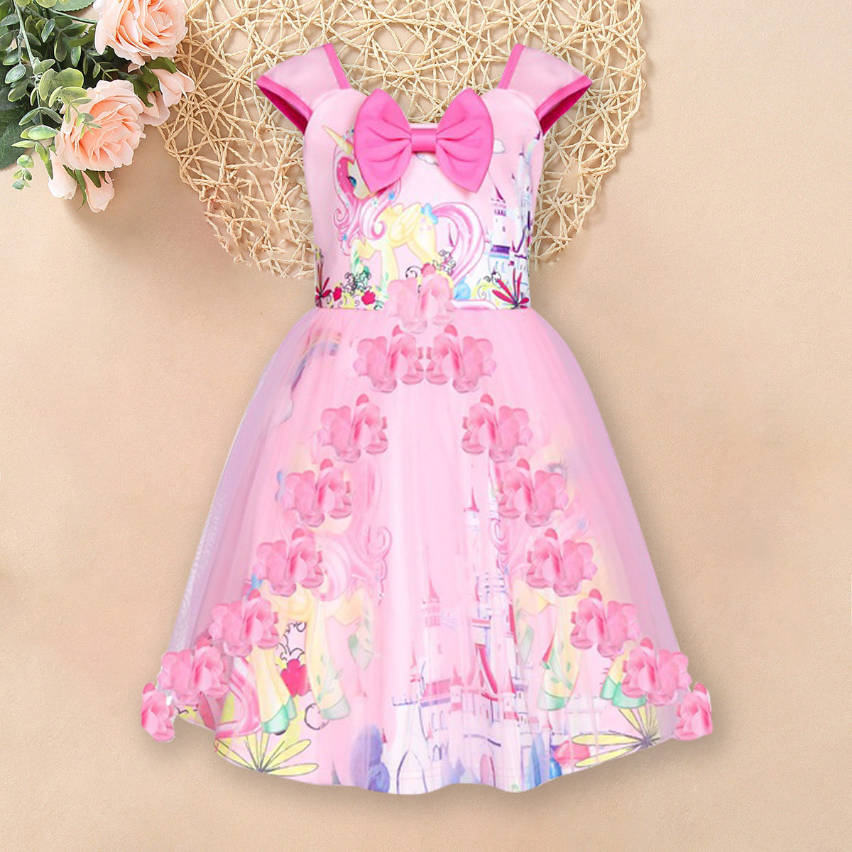 【2Y-9Y】Unicorn Print Bow Suspender Chic Princess Dress