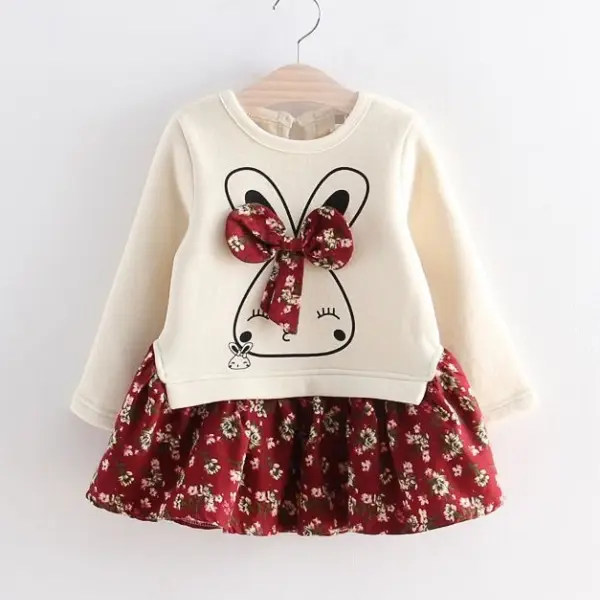 【12M-7Y】Girls Cute Rabbit Floral Bow Stitching Dress - Popopiestyle.com 