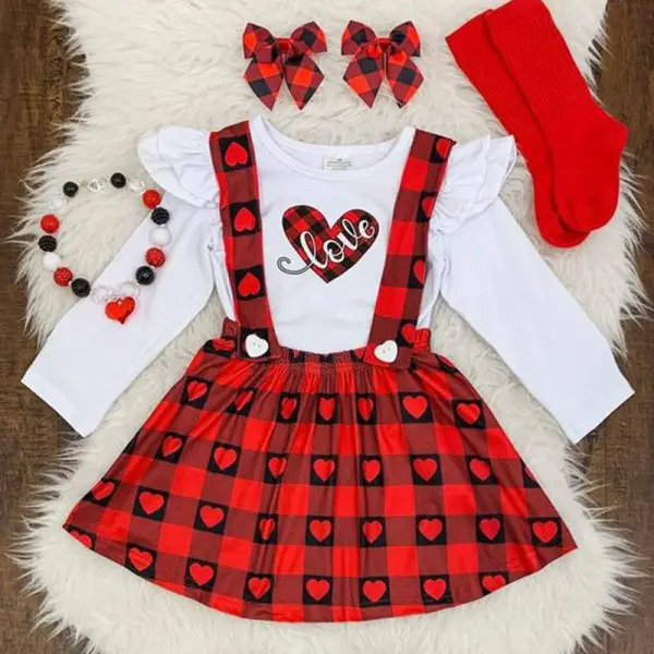 【12M-5Y】Sweet Letter and Heart Print White T-shirt and Red  Plaid Suspender Skirt Set - Popopiearab.com 