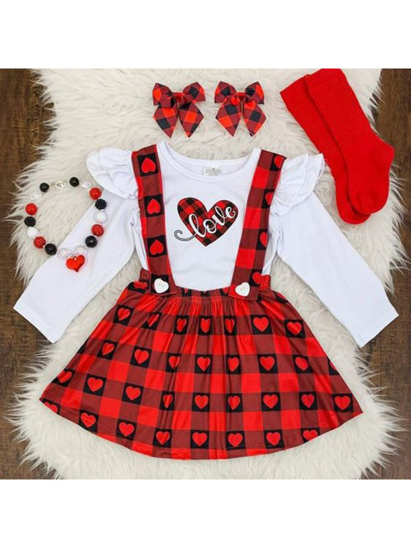 【12M-5Y】Sweet Letter and Heart Print White T-shirt and Red  Plaid Suspender Skirt Set (Bowknot And Socks Not Included)