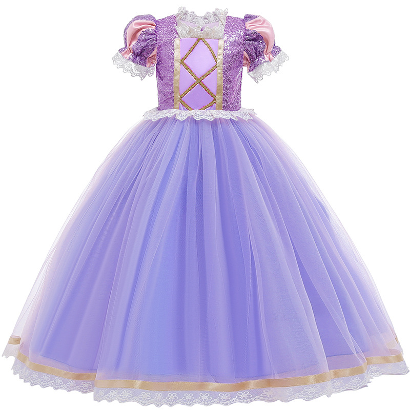 【2Y-9Y】Girls Sweet Sequined Chic Mesh Round Neck Puff Sleeve Princess Dress