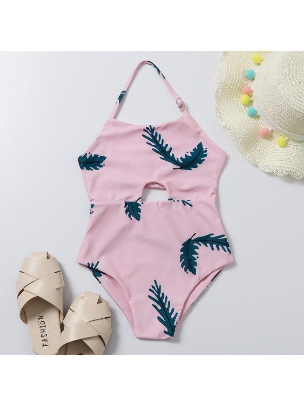 【12M-4Y】Girls Halterneck Plant Print One-piece Swimsuit