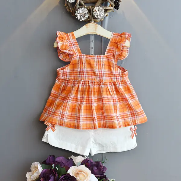 【90-130cm】Cute Check Ruffled Sling Top and Shorts Set - Popopiestyle.com 