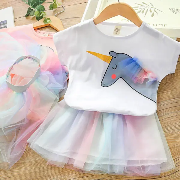 【2Y-9Y】Girls Pony T-shirts Sequined Mesh Skirt Two-Piece - Popopiestyle.com 