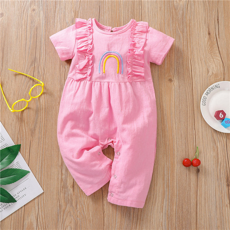 【6M-3Y】Baby Cotton Rainbow Lace Chic Short Sleeve Romper