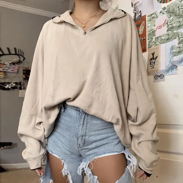 Casual Solid Color Zip-up Loose Sweatshirt RY53 - Leanarea.chimpone.com 