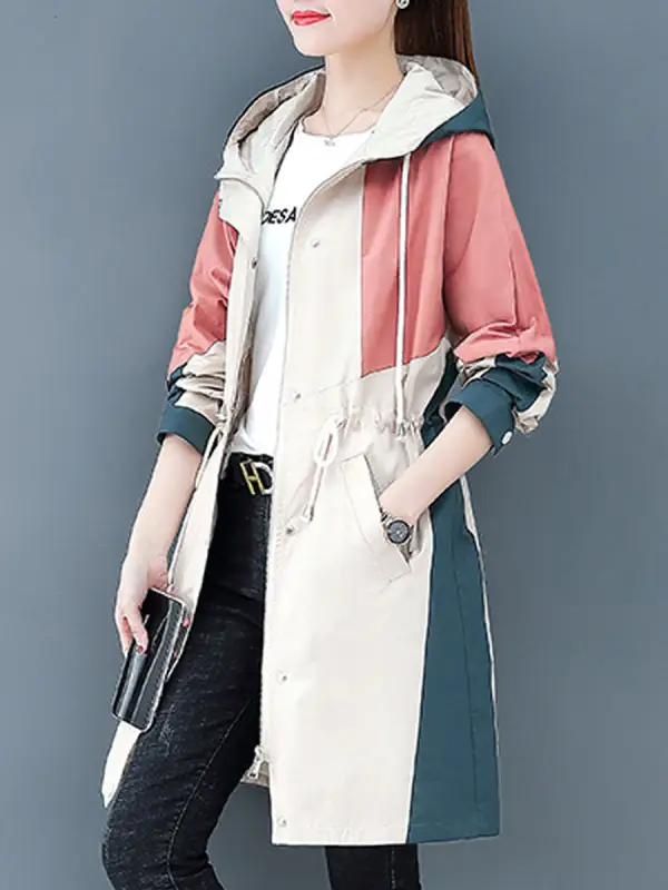 Mid-length Colorblock Waist Drawstring Hooded Trench coat - Fashionmia.chimpone.com 