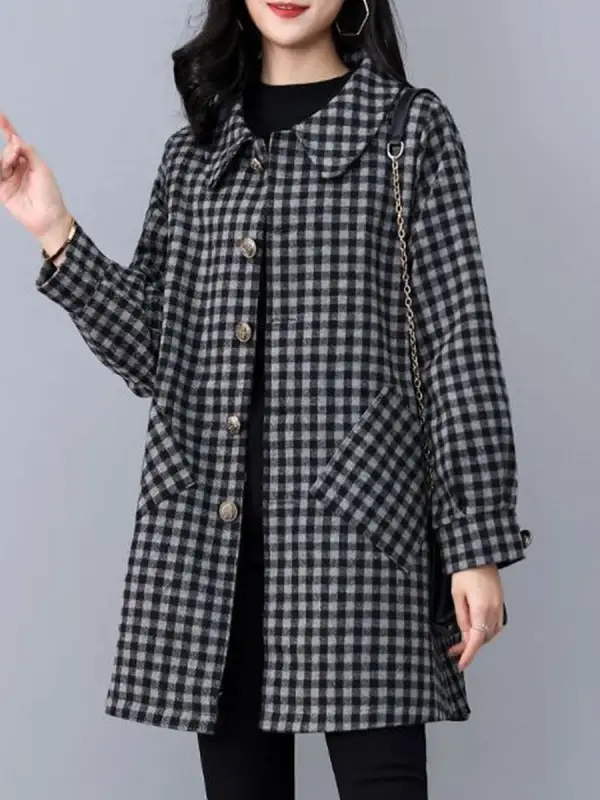 Check Woolen Coat With Square Collar And Long Sleeves - Fashionmia.chimpone.com 