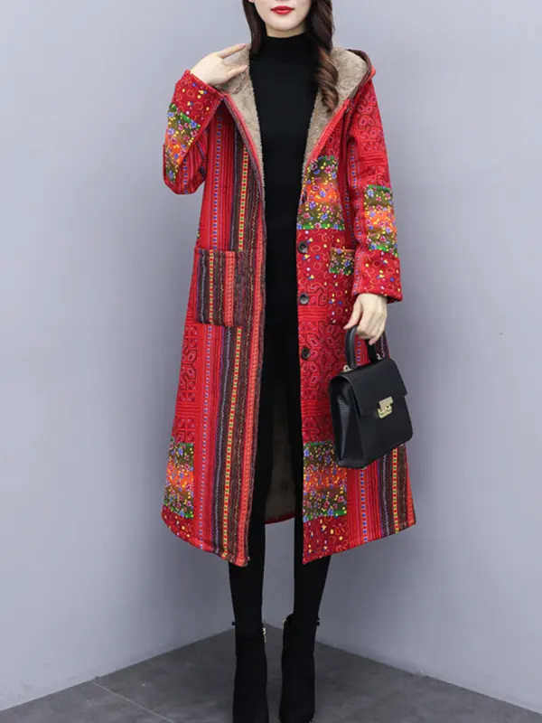 Cotton and linen printed mid-length plus velvet thick hooded jacket - Fashionmia.chimpone.com 