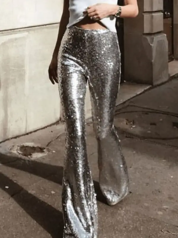 Women's Fashionable Silver Sequins Lined Up Party Trousers - Fashionmia.chimpone.com 