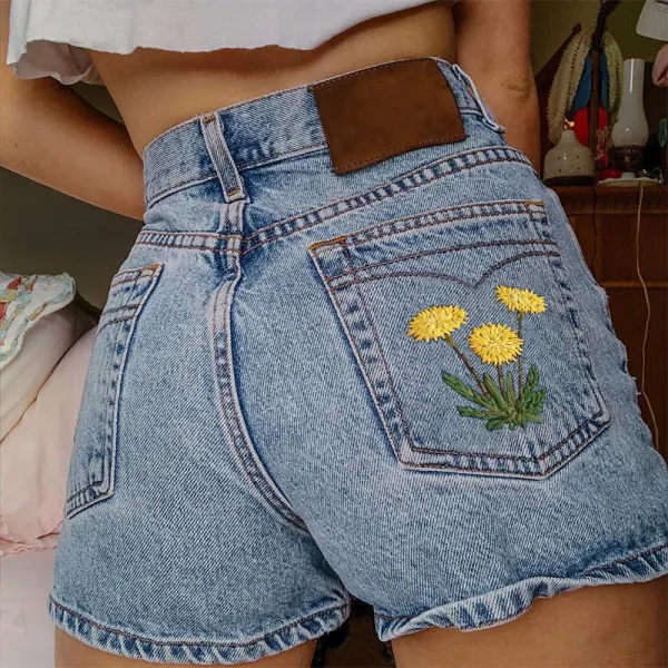 Casual Floral Embroidered Denim Shorts - Leanarea.chimpone.com 